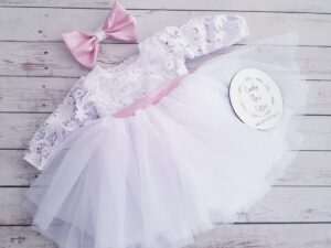 Long Sleeve Lace and Tulle Dress with Dusty Pink Belt, and Bow and Headband