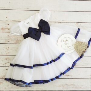 White Tulle Dress with Double Navy Ribbon Edging and Satin Bow