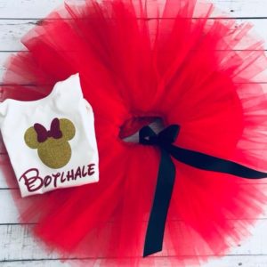 Gold Glitter Minnie Head with Red Tutu and Black Bow