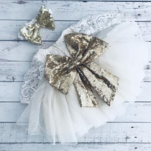 Long Sleeve Lace and Tulle Christening Dress with Large Gold Sequins Bow and Headband