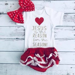 Jesus is the Reason for the Season Onesie Ruffled Bloomer Set with Polka Dot Headband