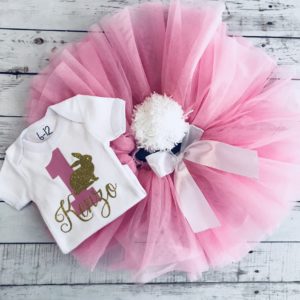 Pink and Glitter Gold 1 Bunny Tutu Set with Pom Pom and White Bow
