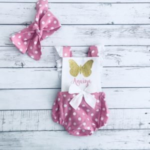 Pink and White Polka Dot Butterfly Inspired Romper with Knotted Headband