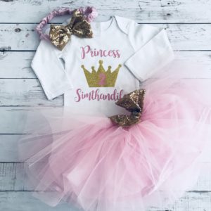 Light Pink, Gold Glitter and Sequins Princess Birthday Tutu Set