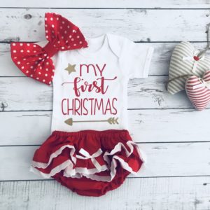 My First Christmas Arrow Design Ruffled Bloomer Set with Polka Dot Headband