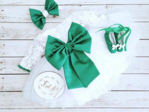 Long Sleeve White Lace and Tulle Dress with Emerald Belt, Bow, Headband and Shoes