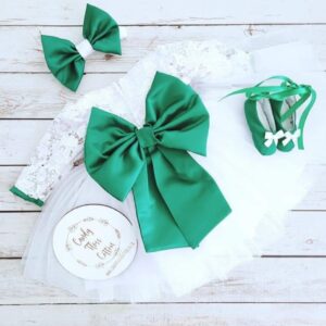 Long Sleeve White Lace and Tulle Dress with Emerald Belt, Bow, Headband and Shoes