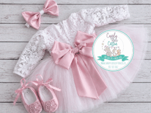 Long Sleeve Lace and Tulle Dress with Dusty Pink Belt, Bow and Accessories (3 Piece Set)