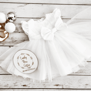 Satin and Tulle Christening Dress with Small Bow and Capped Sleeves and Pearl Detail